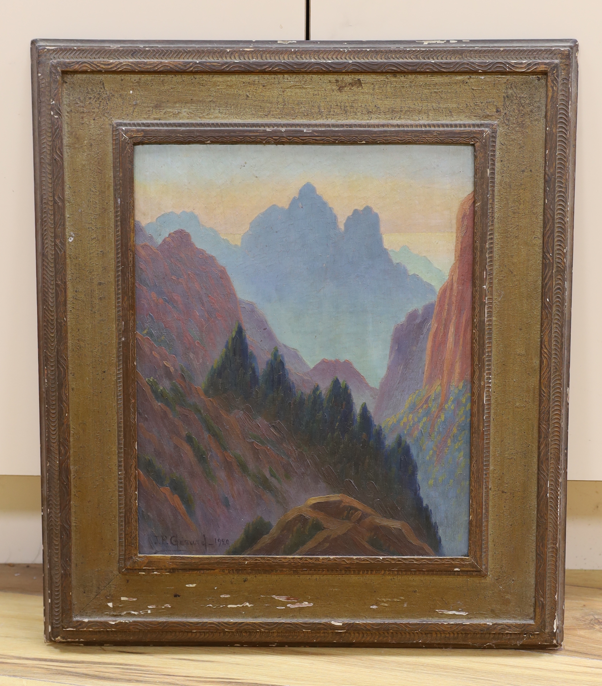 J. P. Gérard, oil on board, Alpine landscape, signed and dated 1920, 39 x 32cm